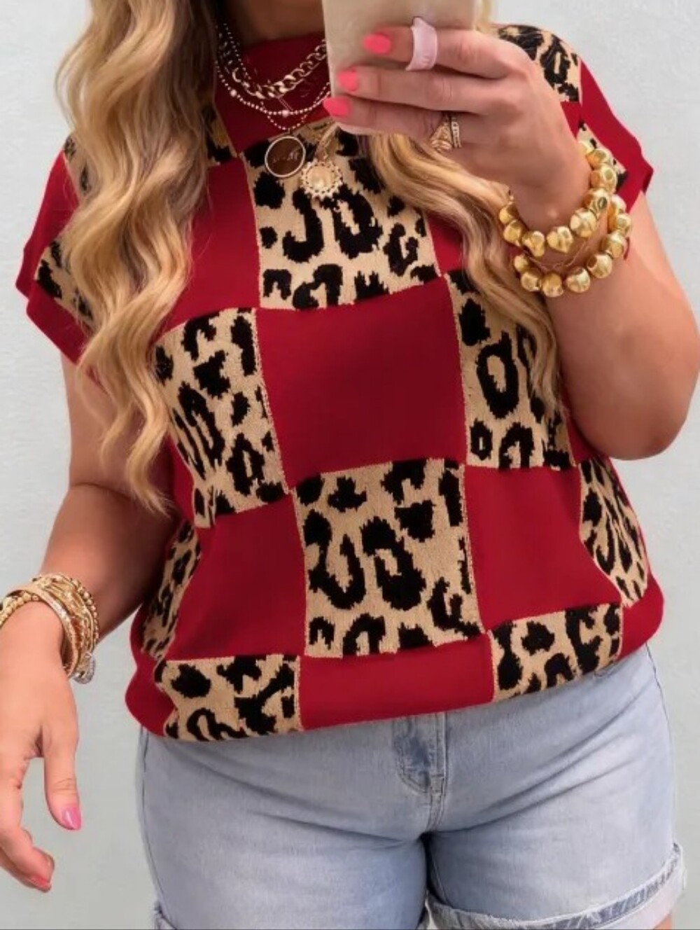 Plus Size Leopard Checkered Print Red Top NWT
